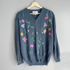Vintage Cyn Les Designs Floral Embroidered V-Neck Acrylic Knit Sweater Blue L
